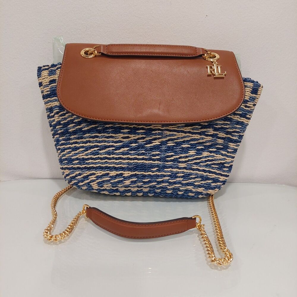 NEW Ralph Lauren Blue Striped Straw Brown Leather Golden Chain Shoulder Bag
